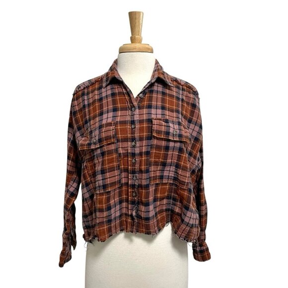 Anthropologie Tops - Anthropologie Boxy Distressed Cropped Plaid Button Front Shirt size Small